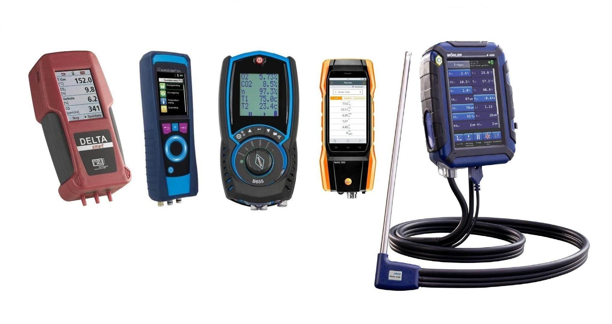 V.l.n.r.: MRU Deltasmart, Eurolyzer STX, Brigon 655NL, Testo 300 en Wöhler A 450 Eco NL, met dank aan de fabrikanten voor het beeldmateriaal