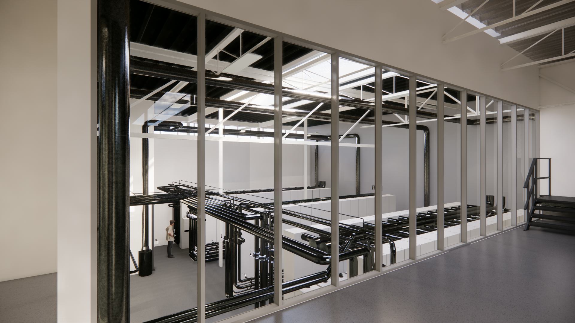 Bosch H2 Testcenter voor waterstoftoepassingen: bezoekers kunnen van bovenaf meekijken - beeld: Bosch