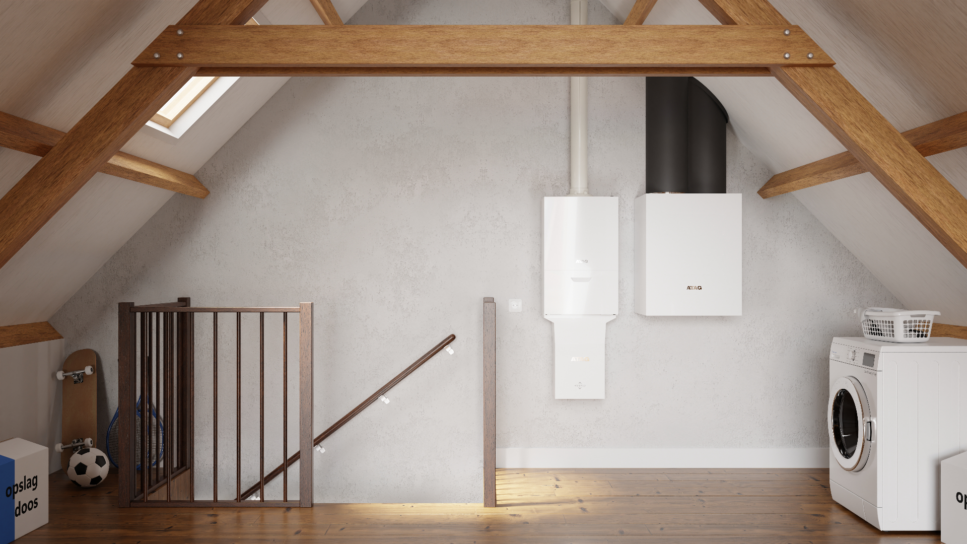 Nederlandse zolder met ATAG Interion warmtepomp en ATAG i-CV ketel met daaronder een warmtepomp binnenunit