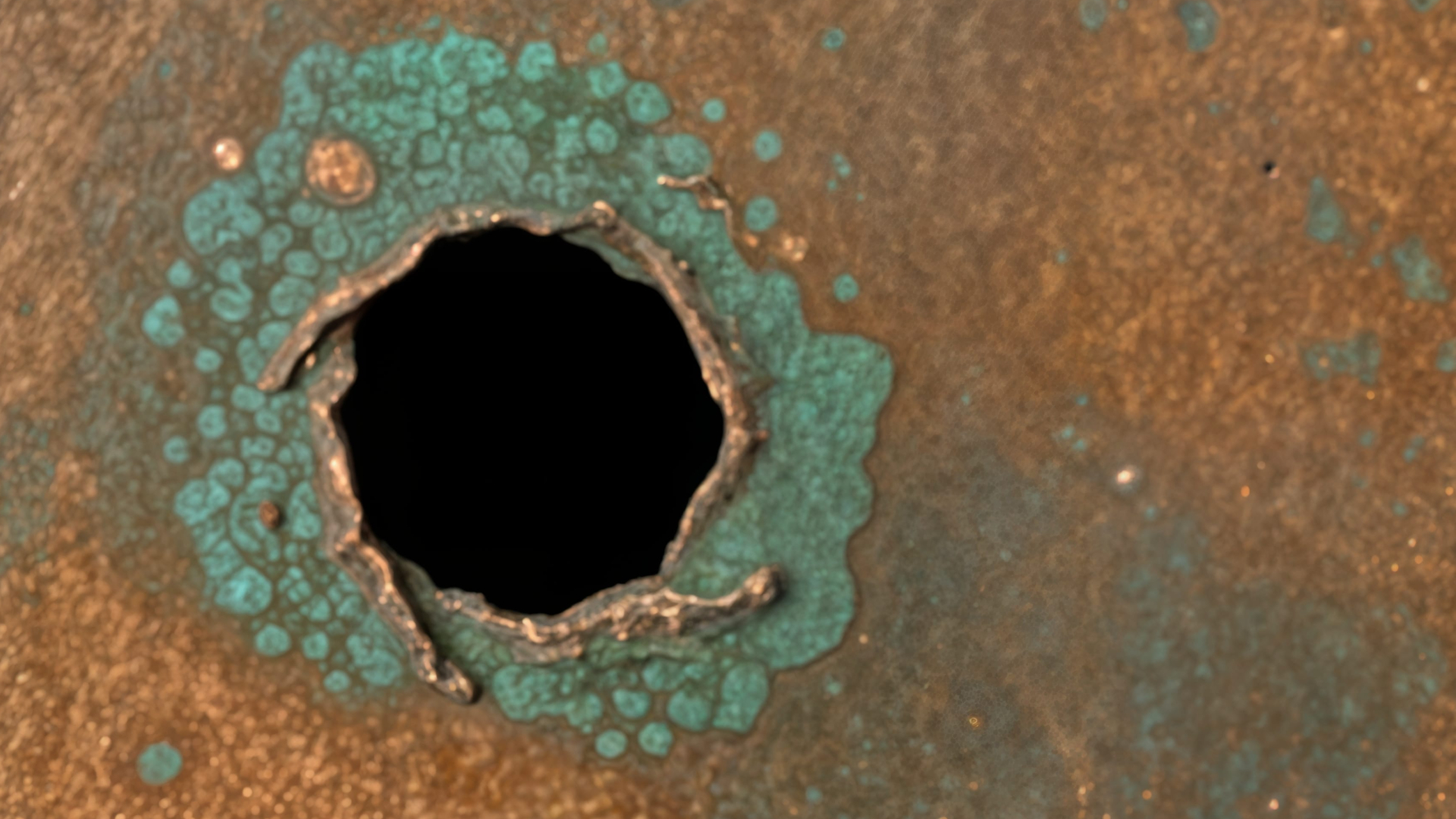 Corrosie van koper door moundless pitting, zoals geïnterpreteerd door AI. Gebruikt AI-model: Flux Schnell in NightCafé. 