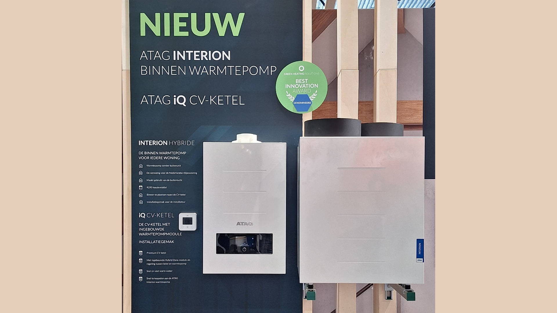 Beursopstelling Atag Interion lucht/water-warmtepomp zonder buitenunit op de beurs Green Heating Solutions in Den Bosch