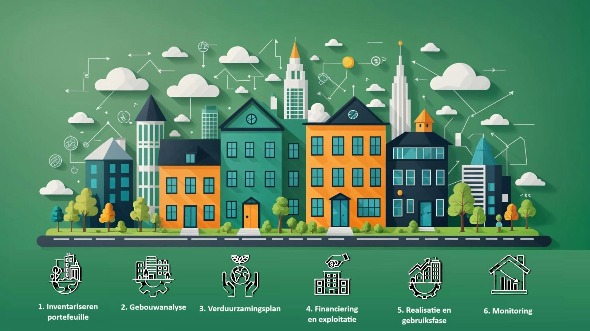 De zes kompaspunten van het EnergieKompas van TVVL zijn gebaseerd op de WEii. Beeld gegenereerd met AI in NightCafé (model Dreamshaper XL Lightning), aangevuld met iconen van Kinder My/Shutterstock.com