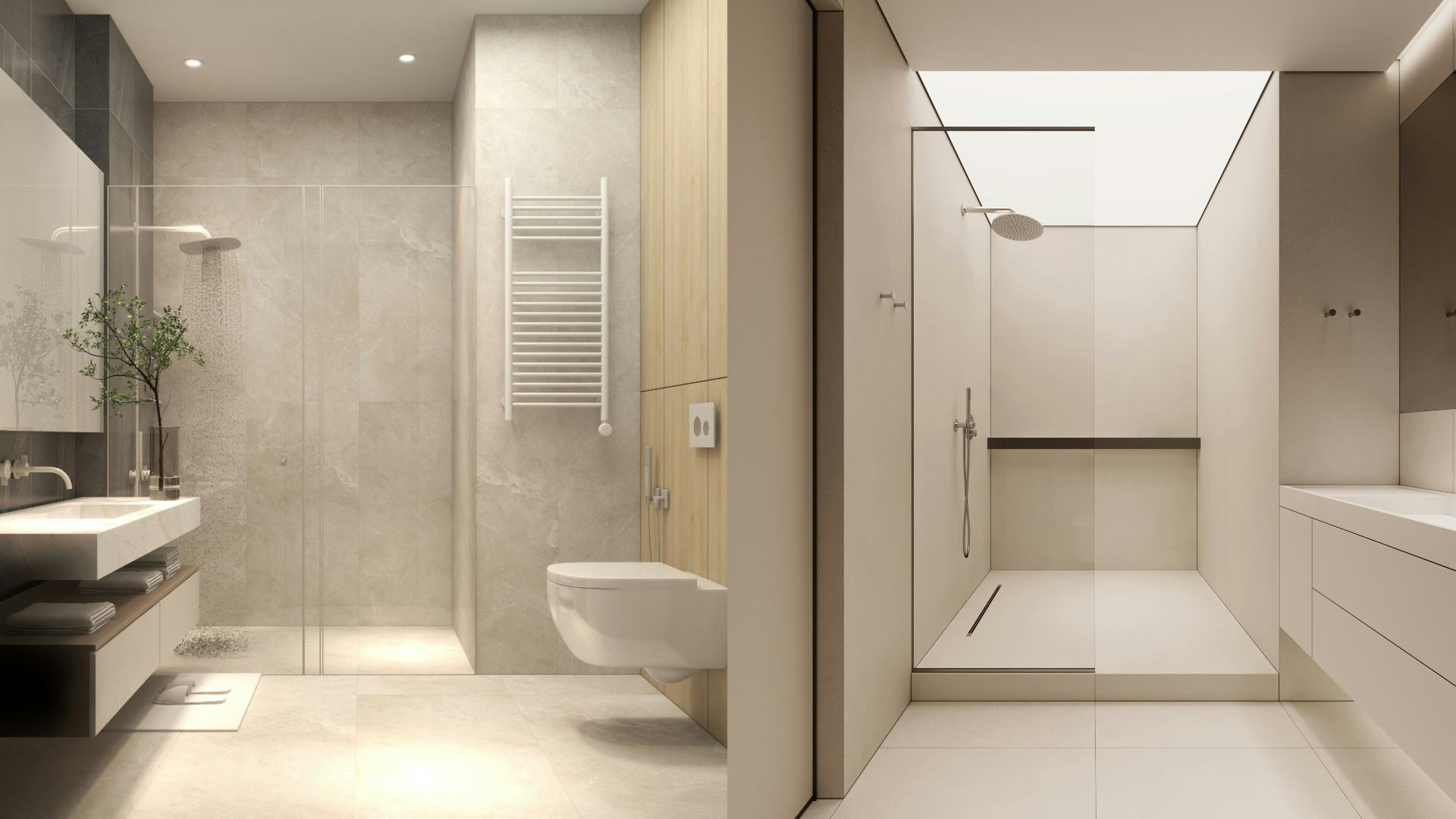 Douchegoot plaatsen - kan het zonder opstapje, of is een verhoging nodig? Beeldcollage met beeld van Alexuans/Shutterstock.com en Eno4ka/Shutterstock.com