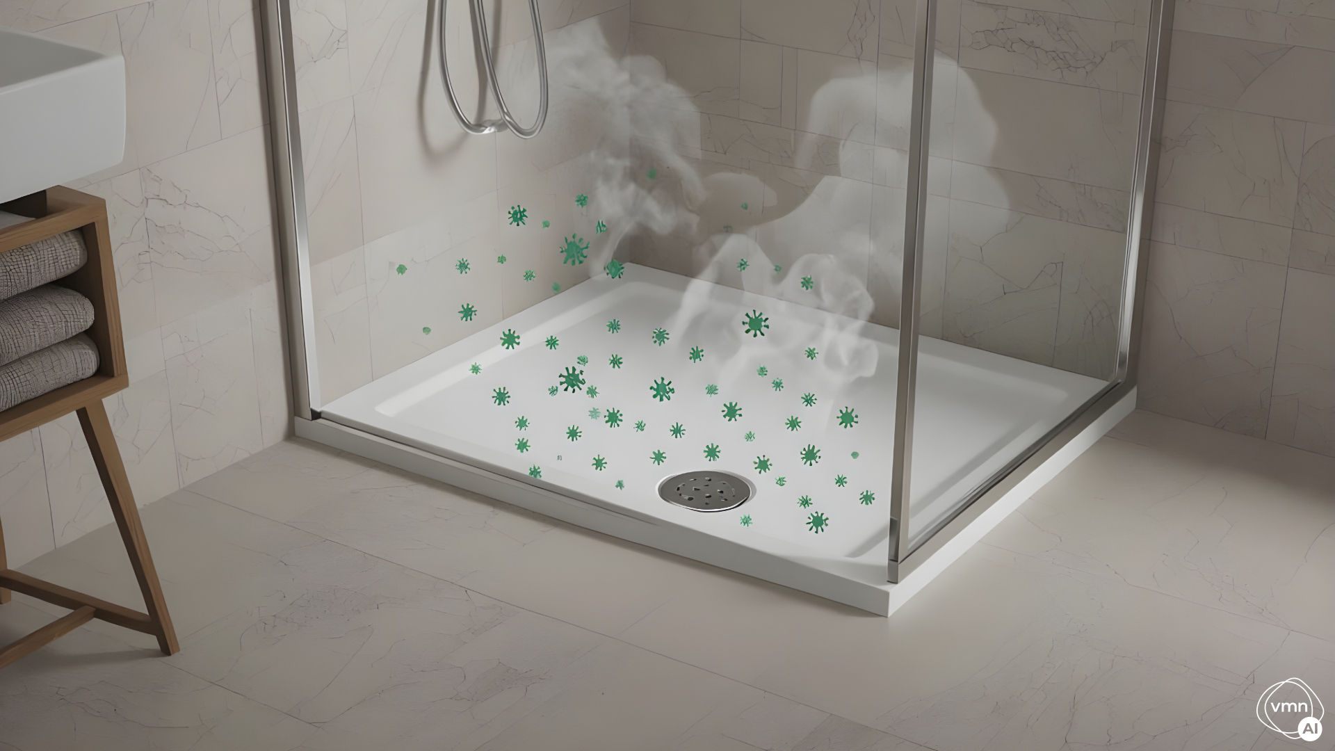 Een te laag waterslot in de doucheput kan rioolgeur in de badkamer veroorzaken. Beeld gemaakt met AI in NightCafé, model HiDream I1 Dev