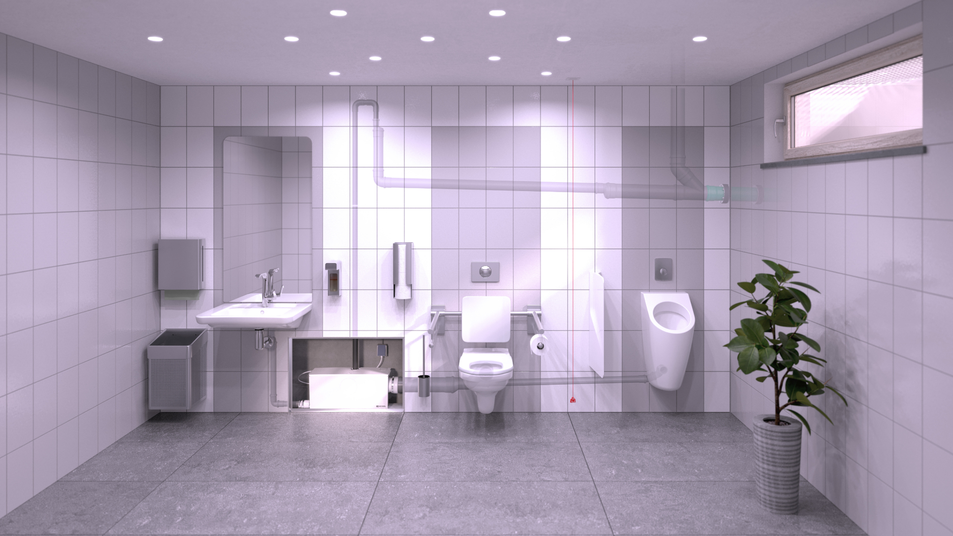Minilift L WC Duo in een toiletruimte in een souterrain - beeld: KESSEL