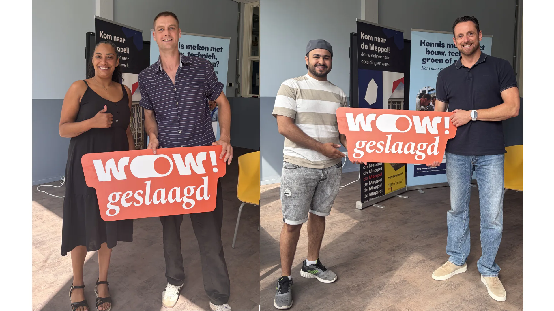 Links: Farai Noslin van Scholtes BV en deelnemer Tim Grift, rechts: deelnemer Malek Al-Badaani en Richard de Wit van ETB Meurs - foto's project 'Jouw brug naar de toekomst'