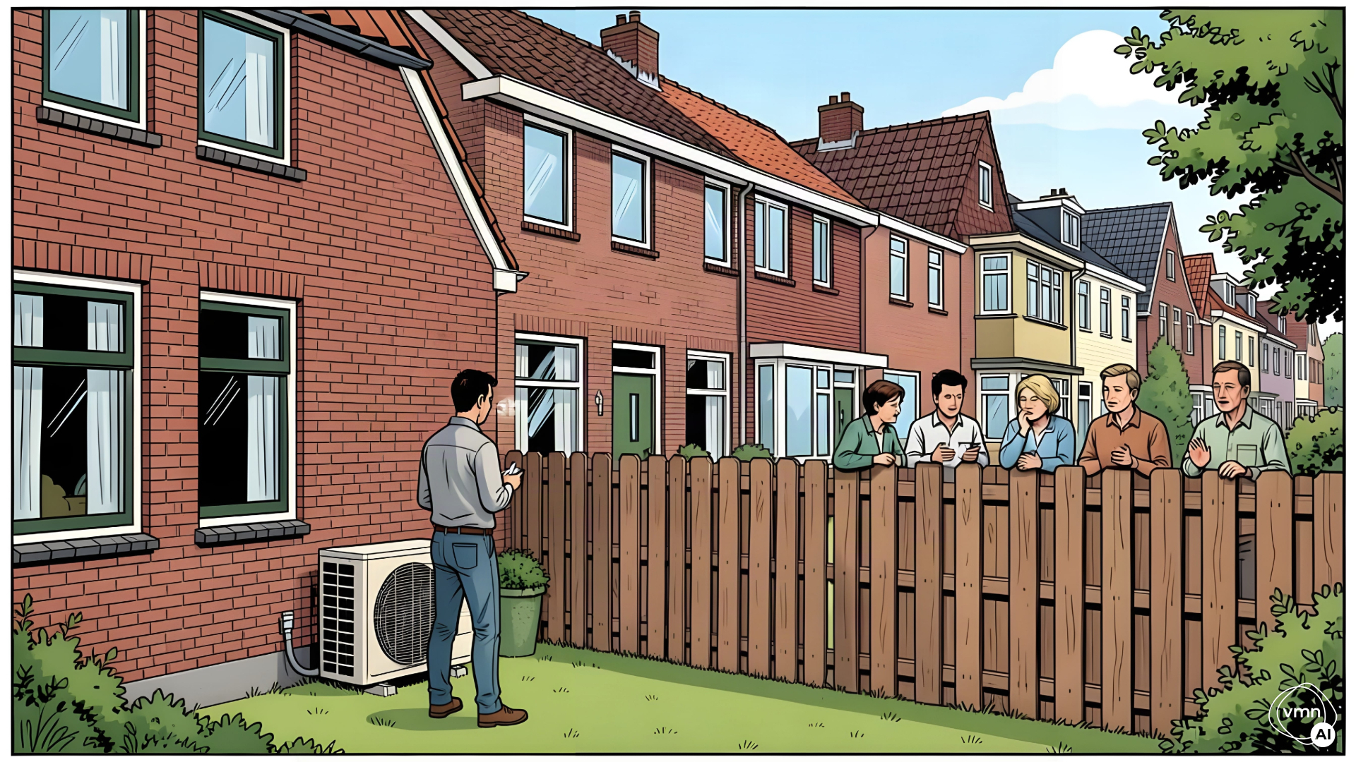 Buurman met airco vs. buren met geluidsoverlast - beeld gemaakt met AI in NightCafé, model Flux 2 Klein 9B Fast