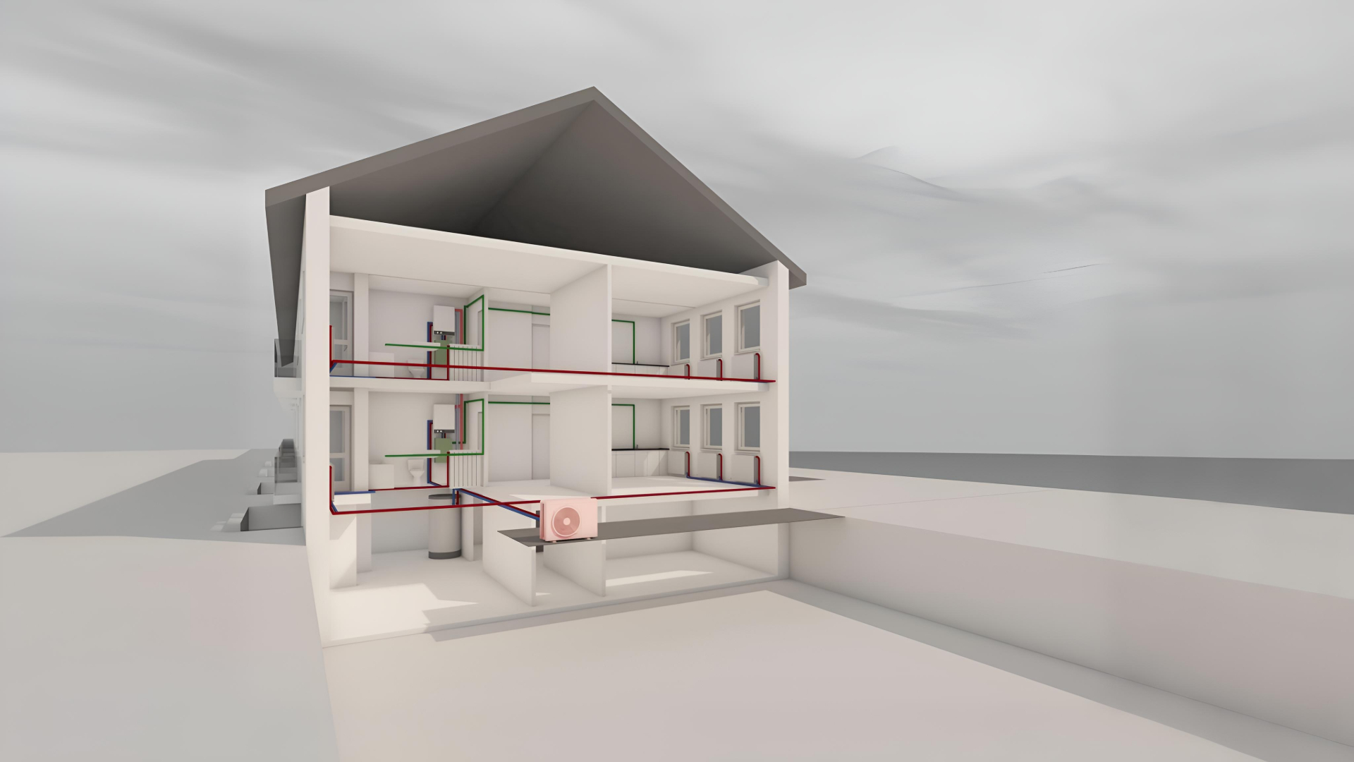 Visualisatie van een voorbeeldgebouw met een centrale lucht-water warmtepomp en decentrale naverwarming van warm tapwater - beeld: © Fraunhofer ISE