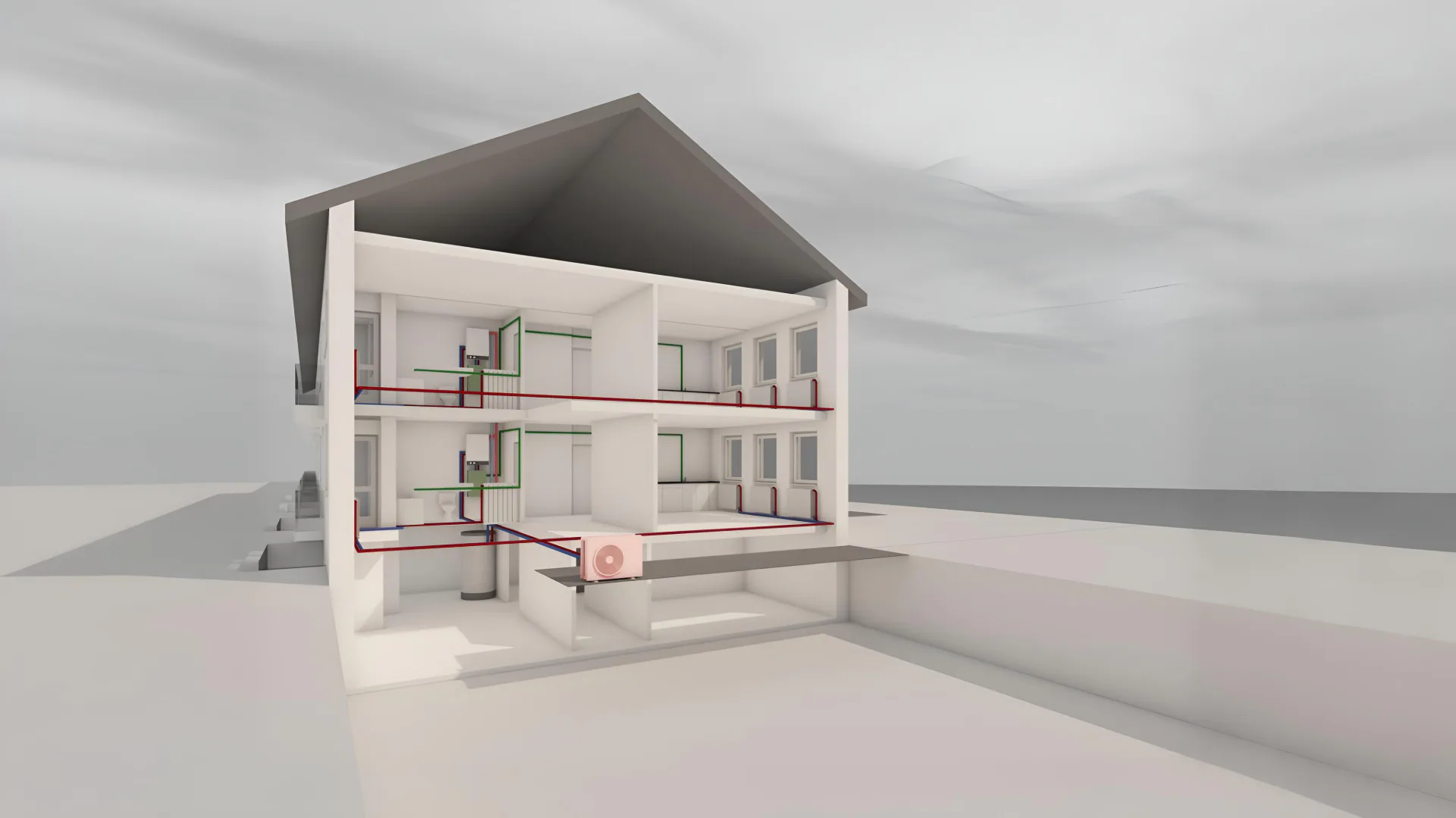 Visualisatie van een voorbeeldgebouw met een centrale lucht-water warmtepomp en decentrale naverwarming van warm tapwater - beeld: © Fraunhofer ISE